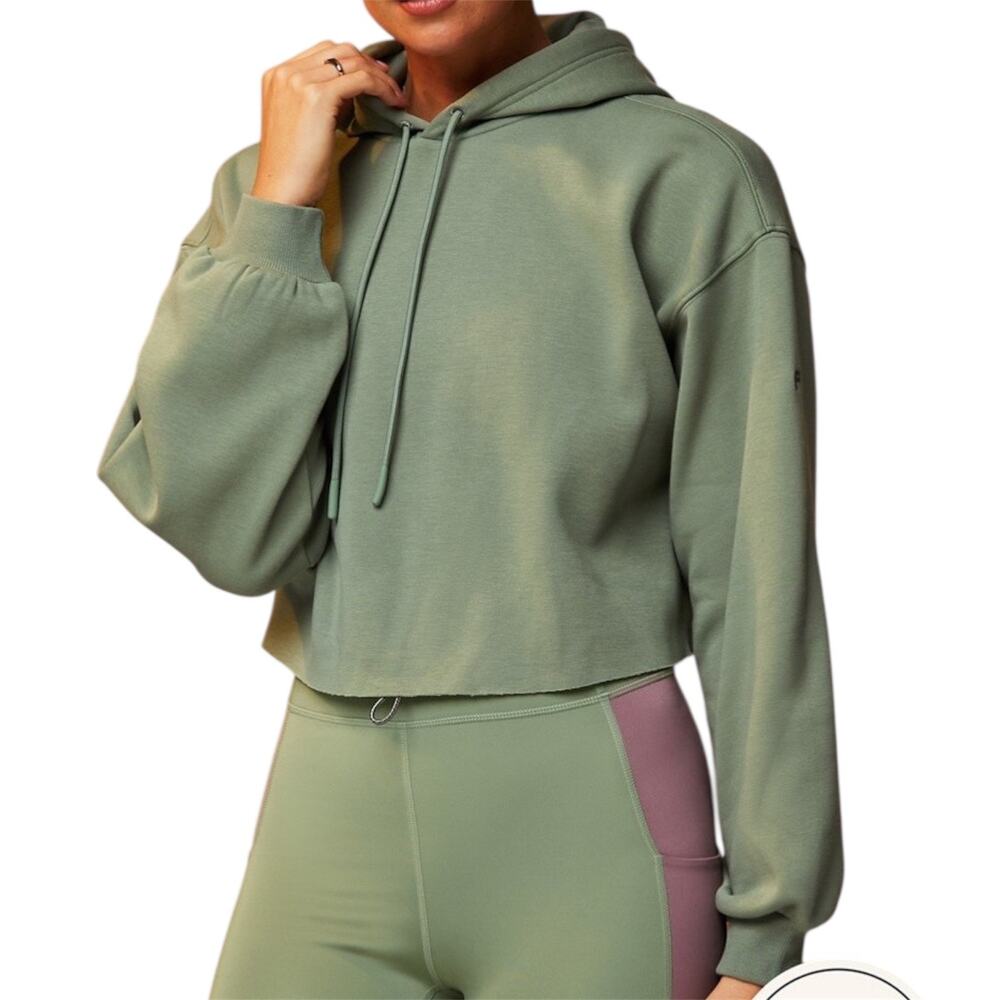 Fabletics Cozy Fleece Cropped Hoodie Green Pullover Oversized Athleisure Size XL